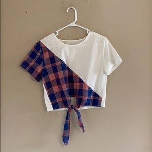 Color block white and plaid tie shirt